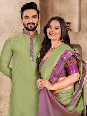 Pista green jacquard weaving silk blend couple combo men's kurta & pajama koti & women saree set 2