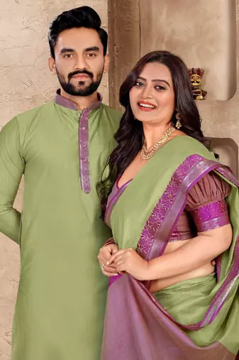 Pista green color jacquard weaving silk blend  couple combo men's kurta & pajama koti & women saree set