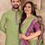 Pista green color jacquard weaving silk  couple combo men's kurta & pajama koti & women saree set