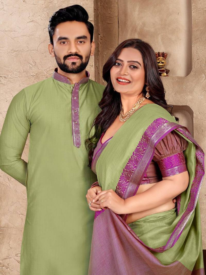 Pista green color jacquard weaving silk  couple combo men's kurta & pajama koti & women saree set