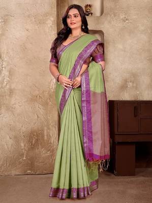 Pista green jacquard weaving silk blend couple combo men's kurta & pajama koti & women saree set 3