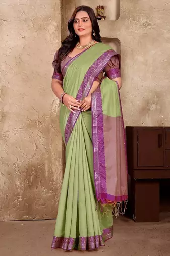 Pista green color jacquard weaving silk blend  couple combo men's kurta & pajama koti & women saree set