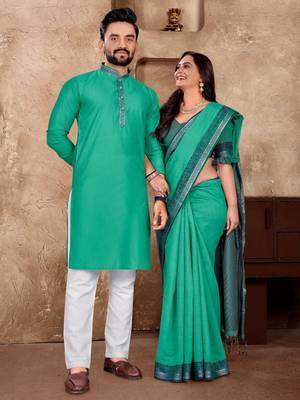 Sky blue jacquard weaving silk blend couple combo men's kurta & pajama koti & women saree set 1