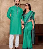 Sky blue color jacquard weaving silk  couple combo men's kurta & pajama koti & women saree set