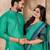 Sky blue color jacquard weaving silk  couple combo men's kurta & pajama koti & women saree set