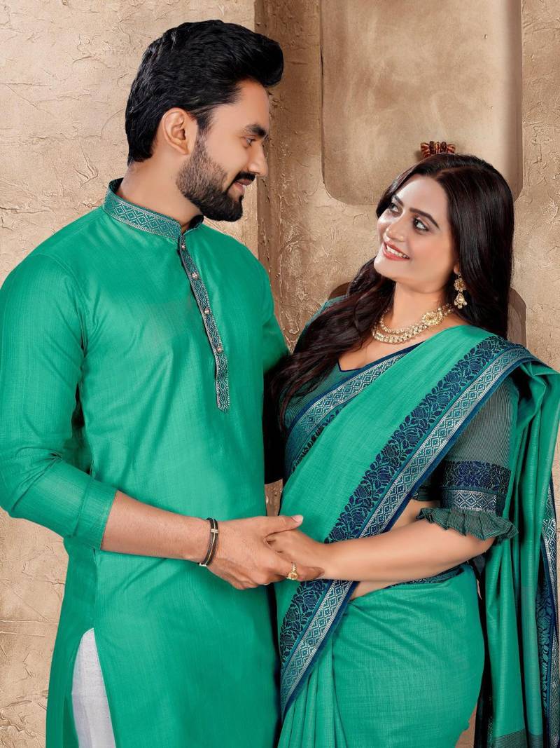 Sky blue color jacquard weaving silk  couple combo men's kurta & pajama koti & women saree set