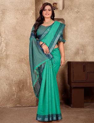 Sky blue jacquard weaving silk blend couple combo men's kurta & pajama koti & women saree set 3