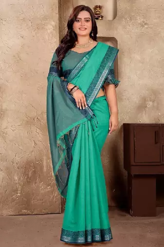 Sky blue color jacquard weaving silk blend  couple combo men's kurta & pajama koti & women saree set