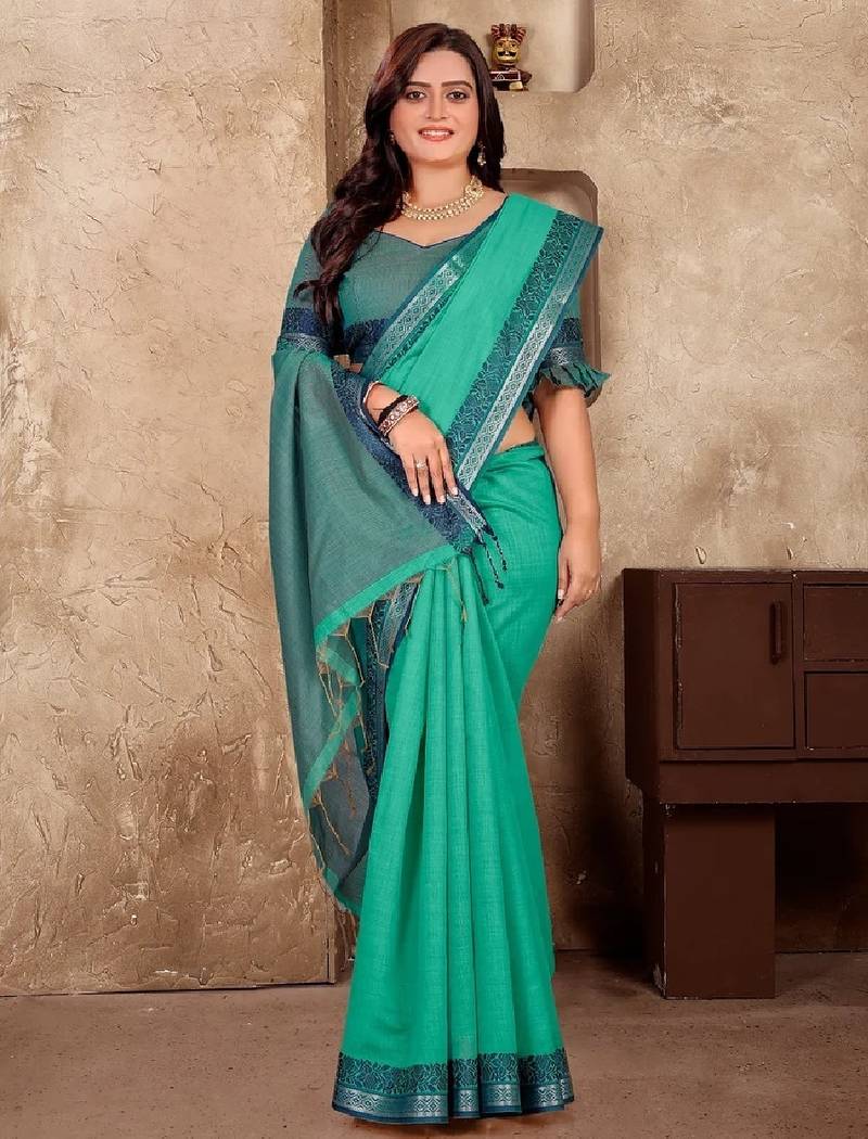 Sky blue color jacquard weaving silk  couple combo men's kurta & pajama koti & women saree set