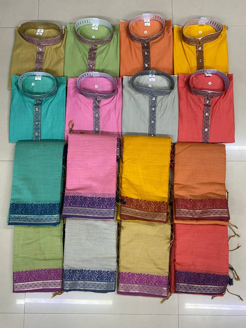 Sky blue color jacquard weaving silk  couple combo men's kurta & pajama koti & women saree set