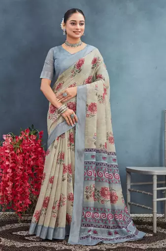 Beige color digital flower printed linen cotton saree with blouse