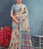 Beige color digital flower printed linen cotton saree with blouse