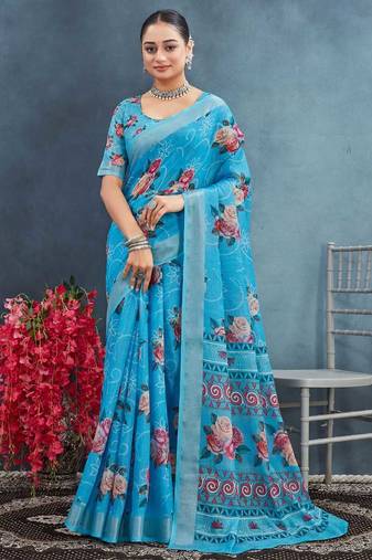 Blue color digital flower printed linen cotton saree with blouse