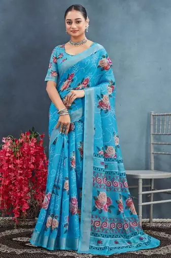 Blue color digital flower printed linen cotton saree with blouse