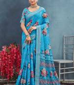 Blue color digital flower printed linen cotton saree with blouse
