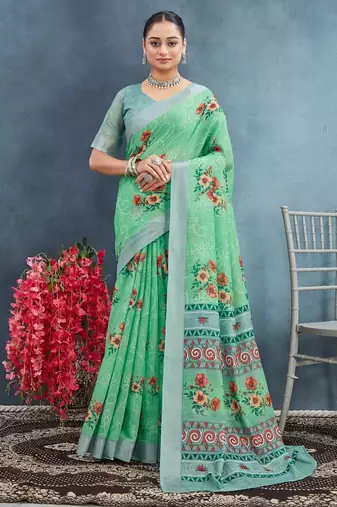 Green color digital flower printed linen cotton saree with blouse