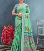 Green color digital flower printed linen cotton saree with blouse