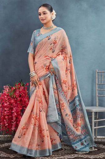 Light orange color digital flower printed linen cotton saree with blouse