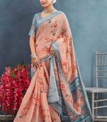 Light orange color digital flower printed linen cotton saree with blouse