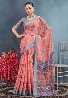 Pink digital flower printed linen cotton saree with blouse 1