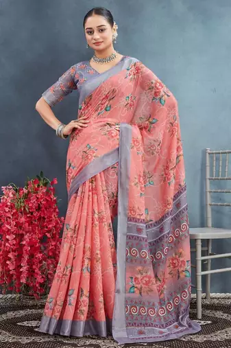 Pink color digital flower printed linen cotton saree with blouse