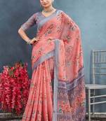 Pink color digital flower printed linen cotton saree with blouse