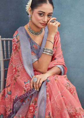Pink digital flower printed linen cotton saree with blouse 2