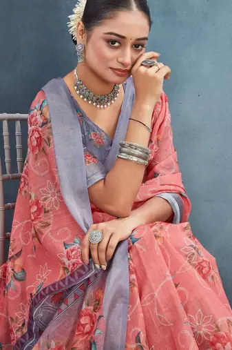 Pink color digital flower printed linen cotton saree with blouse