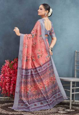 Pink digital flower printed linen cotton saree with blouse 3