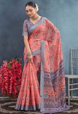 Pink digital flower printed linen cotton saree with blouse 4