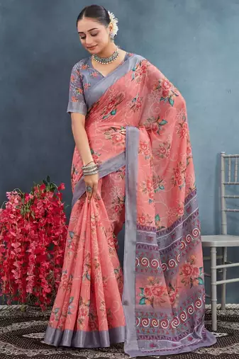 Pink color digital flower printed linen cotton saree with blouse