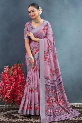 Purple color digital flower printed linen cotton saree with blouse