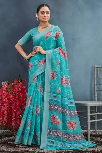 Sky blue color digital flower printed linen cotton saree with blouse