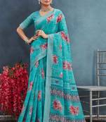 Sky blue color digital flower printed linen cotton saree with blouse