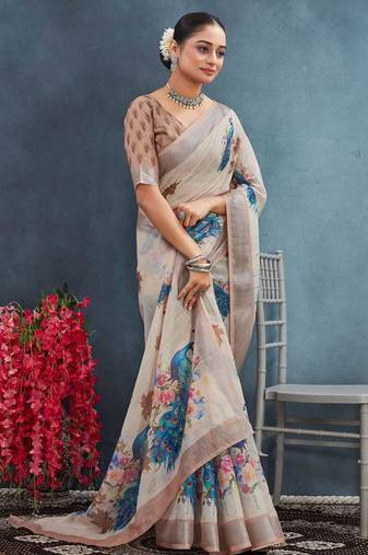 Beige color digital peacock printed linen cotton saree with blouse