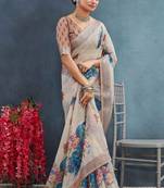 Beige color digital peacock printed linen cotton saree with blouse