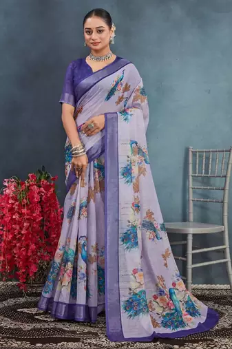 Blue color digital peacock printed linen cotton saree with blouse