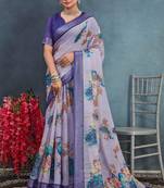 Blue color digital peacock printed linen cotton saree with blouse