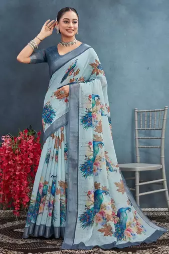 Light blue color digital peacock printed linen cotton saree with blouse