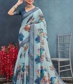 Light blue color digital peacock printed linen cotton saree with blouse