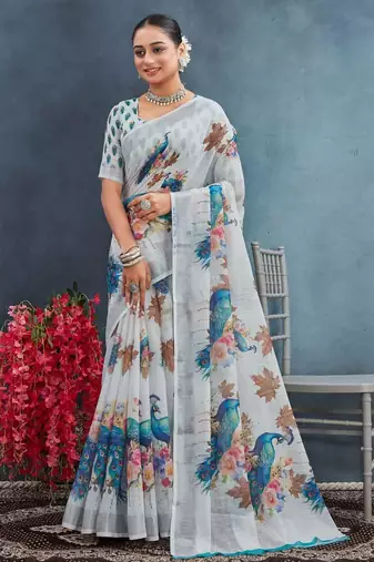 Off-white color digital peacock printed linen cotton saree with blouse