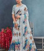 Off-white color digital peacock printed linen cotton saree with blouse