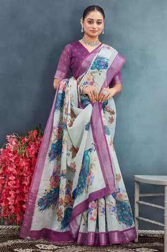 Purple color digital peacock printed linen cotton saree with blouse
