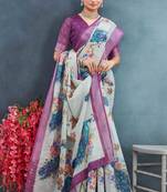 Purple color digital peacock printed linen cotton saree with blouse