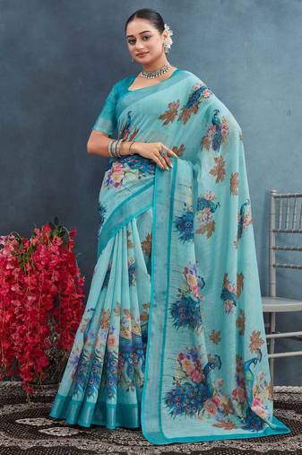 Sky blue color digital peacock printed linen cotton saree with blouse
