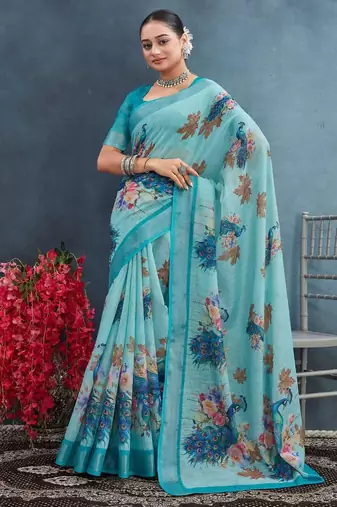 Sky blue color digital peacock printed linen cotton saree with blouse
