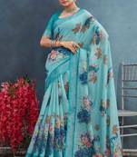 Sky blue color digital peacock printed linen cotton saree with blouse