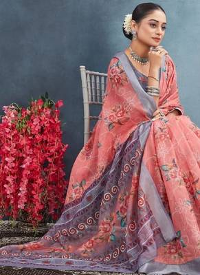 Pink digital flower printed linen cotton saree with blouse 5