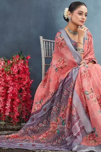 Pink color digital flower printed linen cotton saree with blouse