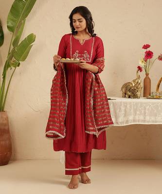 Maroon hand woven chanderi kurta set 2